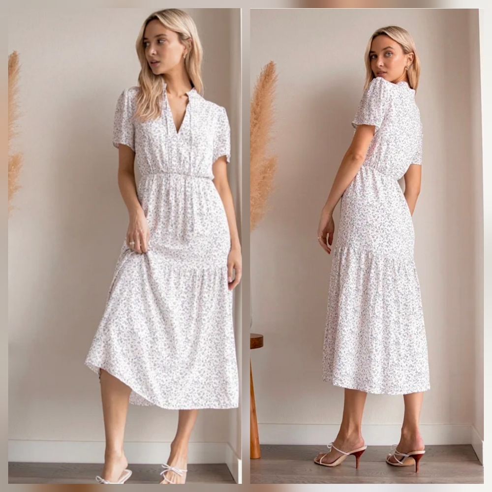 Lulus Flourish With Me White Floral Print Tiered Midi Dress XS EUC